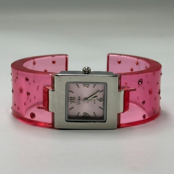 3/$30 Vivani Watch Women Silver Tone Pink Rhinestone Cuff Band 6.5 Inch - Picture 1 of 8